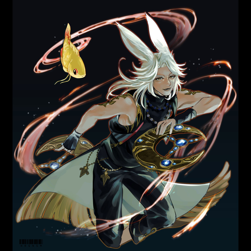 1boy, absurdres, animal_ears, black_gloves, black_pants, black_shirt, commission, final_fantasy