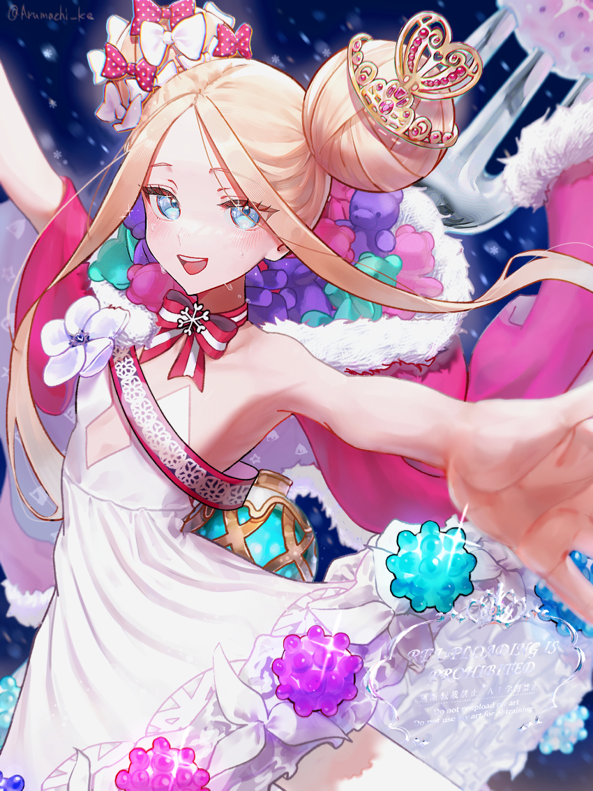 1girl, abigail_williams_(fate), abigail_williams_(santa)_(fate), absurdres, bare_shoulders, blonde_hair, blue_eyes, blush