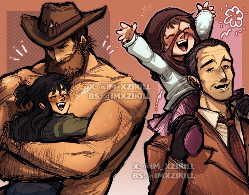 2boys, 2girls, balaclava, beard, beard_stubble, black_gloves, black_hair, blazer, bluesky_username, brown_hair, brown_hat, brown_jacket, brown_necktie, carrying, child, closed_mouth, collared_shirt, commentary, cowboy_hat, english_commentary, facial_hair, formal_clothes, gloves, hat, hug, jacket, medium_hair, multiple_boys, multiple_girls, necktie, olivia_mann, open_mouth, piggyback, pink_skirt, red_spy_(tf2), saxton_hale, shirt, short_hair, skirt, smile, spy_(tf2), striped_clothes, striped_jacket, stubble, suit, team_fortress_2, twitter_username, upper_body, vertical-striped_clothes, vertical-striped_jacket, very_short_hair, white_shirt, xzikill