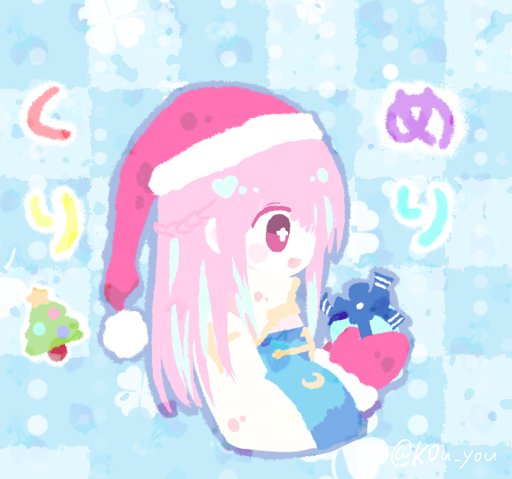 1girl, arch_bishop_(ragnarok_online), blue_background, blue_dress, box, checkered_background, chibi, chibi_only, christmas, christmas_tree, cropped_torso, cross, dress, fur-trimmed_headwear, fur_trim, gift, gift_box, hat, k0u_you, long_hair, mittens, open_mouth, pink_eyes, pink_hair, pom_pom_(clothes), profile, ragnarok_online, red_hat, red_mittens, santa_hat, smile, solo, two-tone_dress, upper_body, white_dress