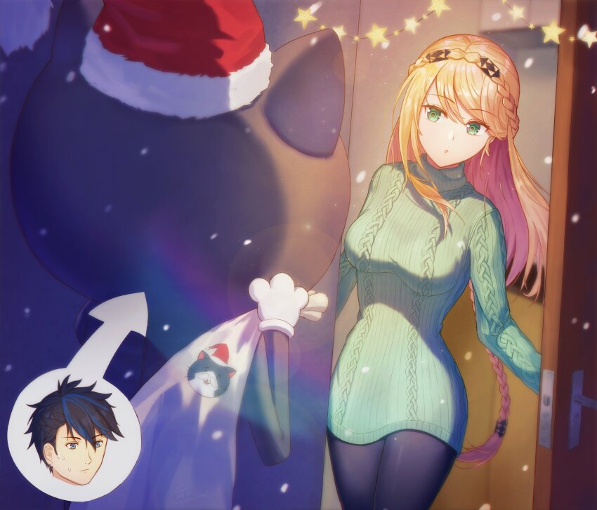 1boy, 1girl, absurdres, black_hair, blonde_hair, blue_eyes, braid, breasts, christmas, crown_braid, door, eiyuu_densetsu, elaine_auclair, floating_hair, flowingcrescent, fur-trimmed_headwear, fur_trim, green_eyes, hair_between_eyes, hat, highres, holding, holding_sack, kuro_no_kiseki_(series), mascot, mascot_costume, medium_breasts, multicolored_hair, open_door, ribbed_sweater, sack, santa_hat, single_braid, snowing, star_ornament, sweater, swept_bangs, two-tone_hair, van_arkride