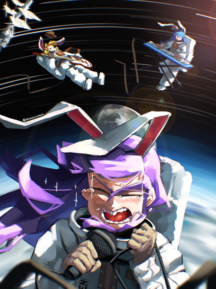 3girls, absurdres, alternate_costume, animal_ears, aronnecroman, astronaut, blonde_hair, blue_hair