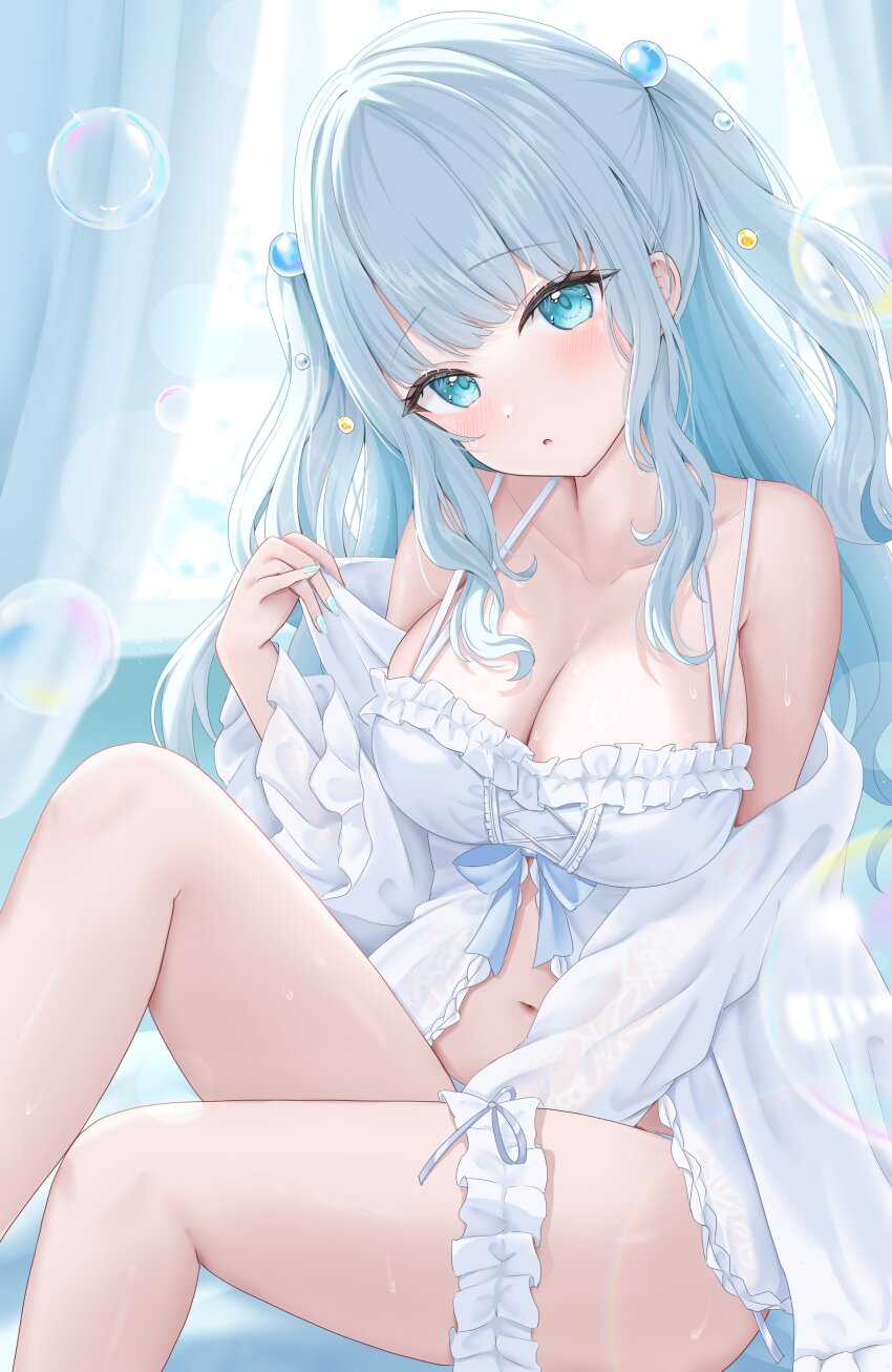 1girl, :o, absurdres, aqua_eyes, bare_legs, bare_shoulders, blue_hair, blush