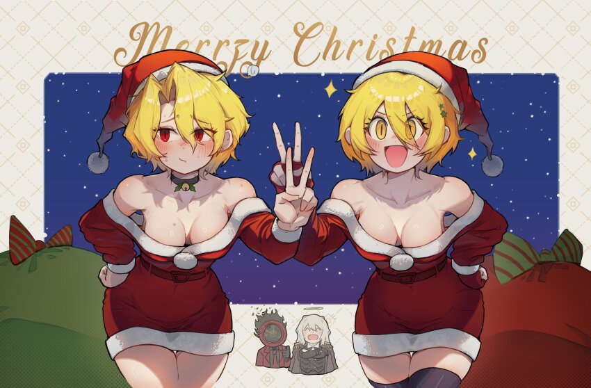 1boy, 1other, 2girls, bell, blonde_hair, blush, breasts, choker, christmas, dante_(limbus_company), don_quixote_(project_moon), dress, dual_persona, embarrassed, hand_on_own_hip, hat, highres, jeehyung_seo, jingle_bell, la_manchaland's_don_quixote_(project_moon), limbus_company, looking_to_the_side, merry_christmas, multiple_girls, no_bra, project_moon, red_eyes, sack, sancho_(project_moon), santa_costume, santa_dress, santa_hat, slit_pupils, smile, v, yellow_eyes
