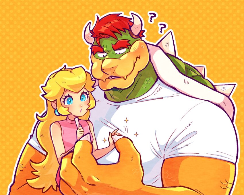 1boy, 1girl, ?, ??, blonde_hair, blue_eyes, bowser, claws