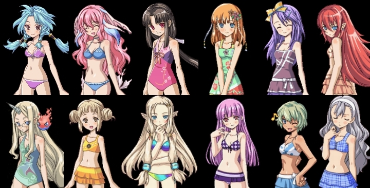 6+girls, bikini, chokola, dahlia_(rune_factory), elisa_(rune_factory), harvest_moon, ion_(rune_factory), karin_(rune_factory), kururufa, long_hair, marion_(rune_factory), monster_girl, multiple_girls, persia_(rune_factory), rune_factory, rune_factory_3, sakuya_(rune_factory), sia_(rune_factory), smile, sophia_(rune_factory), swimsuit, toona