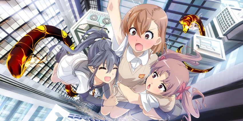 3girls, absurdres, aradama_(toji_no_miko), ayanokouji_martial_arts_school_uniform, black_hair, blush, brown_eyes, brown_hair