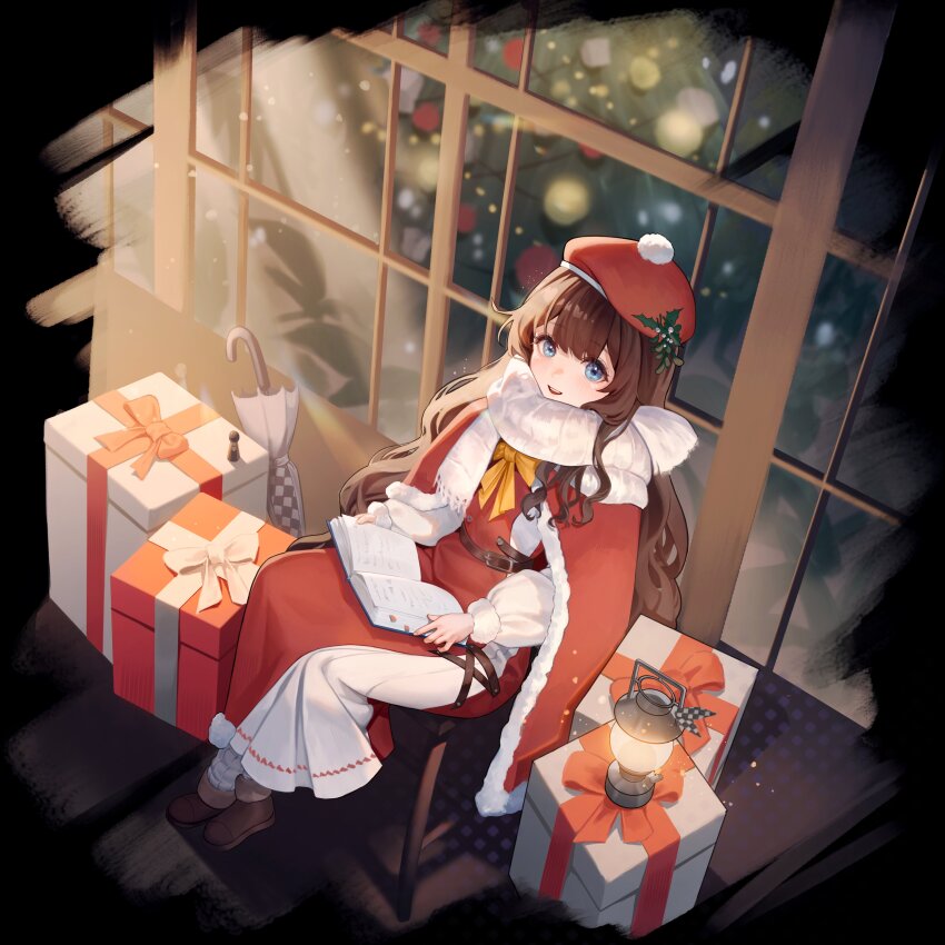 1girl, :d, absurdres, beret, black_background, blue_eyes, book, book_on_lap