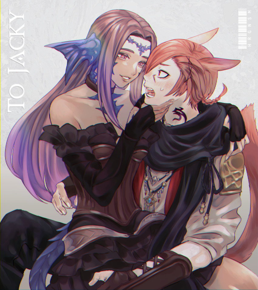 1boy, 1girl, absurdres, animal_ears, au_ra, black_dress, braid, cat_boy