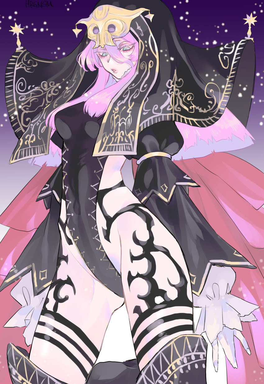 1girl, absurdres, black_footwear, black_leotard, black_veil, eyelashes, final_fantasy, final_fantasy_xiv, gradient_background, grey_eyes, hair_between_eyes, highleg, highleg_leotard, highres, leotard, long_hair, long_sleeves, looking_down, nimai-jita, parted_lips, pink_hair, purple_background, solo, spectral_necromancer, veil