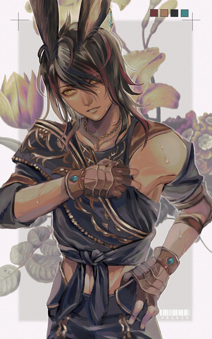 1boy, absurdres, animal_ears, brown_gloves, brown_hair, color_guide, commission, final_fantasy, final_fantasy_xiv, gloves, hair_over_one_eye, highres, long_hair, male_focus, nimai-jita, rabbit_boy, rabbit_ears, skeb_commission, solo, sweat, viera, warrior_of_light_(ff14), yellow_eyes