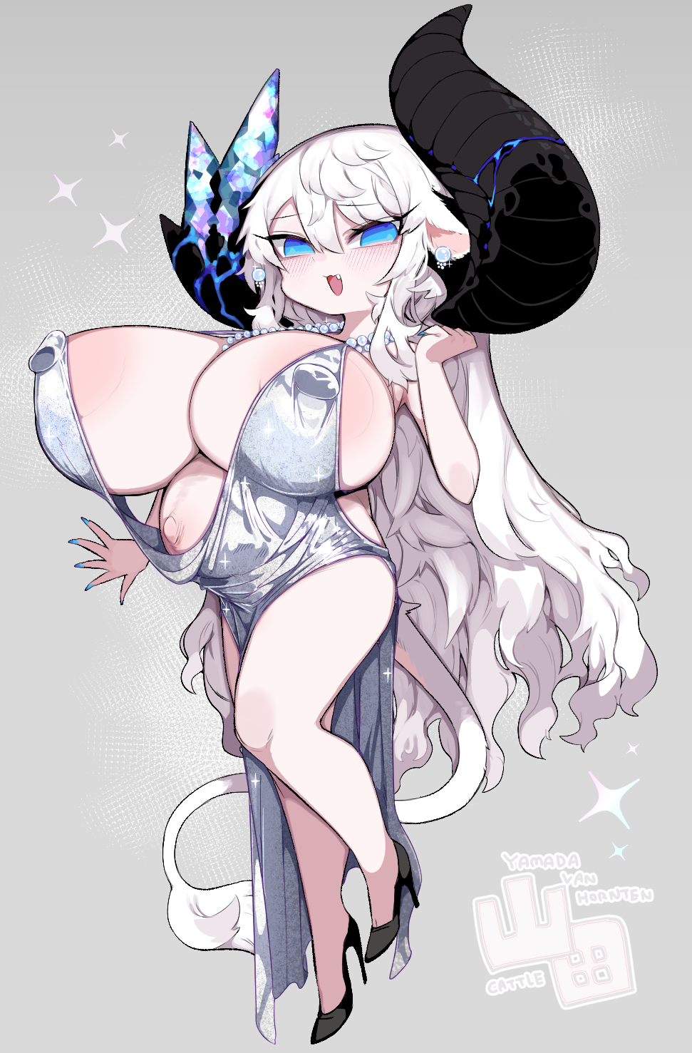 1girl, animal_ears, asymmetrical_horns, big_belly, black_horns, blue_eyes, breasts, broken_horn