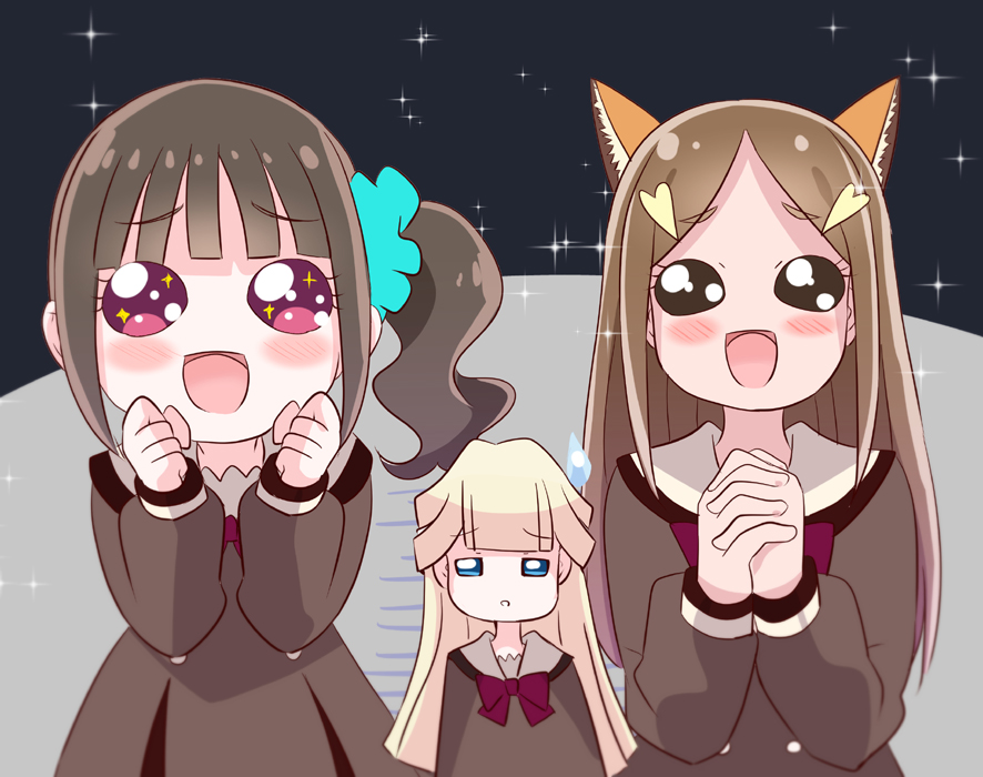 3girls, animal_ears, aqua_scrunchie, blonde_hair, blue_eyes, blush, bowtie, brown_cardigan, brown_eyes, brown_hair, brown_shirt, cardigan, closed_mouth, fox_ears, kitsunezaki_(wonderful_precure!), long_hair, long_sleeves, medium_hair, mitumi_mira, multiple_girls, nekoyashiki_mayu, nekoyashiki_yuki, open_mouth, pink_bow, pink_bowtie, precure, purple_eyes, school_uniform, scrunchie, second_wangan_school_uniform, shirt, side_ponytail, smile, sparkle, sparkling_eyes, wonderful_precure!