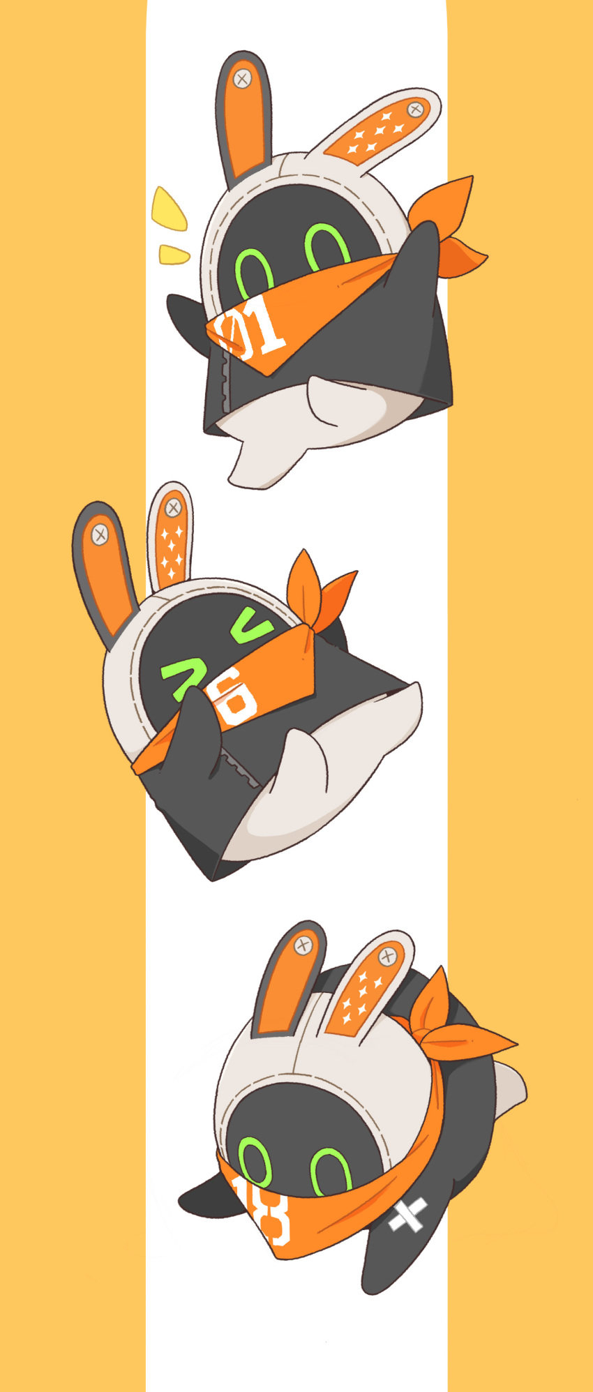 >_<, absurdres, bangboo_(zenless_zone_zero), bangboo_18_(zenless_zone_zero), bangboo_6_(zenless_zone_zero), eous_(zenless_zone_zero), happy, highres, husigi_0112, no_humans, scarf, zenless_zone_zero