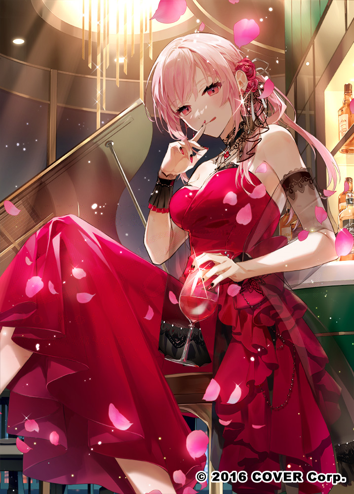 1girl, armpits, bar_(place), bare_shoulders, bow, breasts, brooch, chashibu