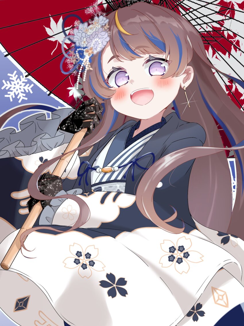 1girl, absurdres, anya_melfissa, anya_melfissa_(new_year), black_gloves, blue_hair, blue_haori, blue_kimono