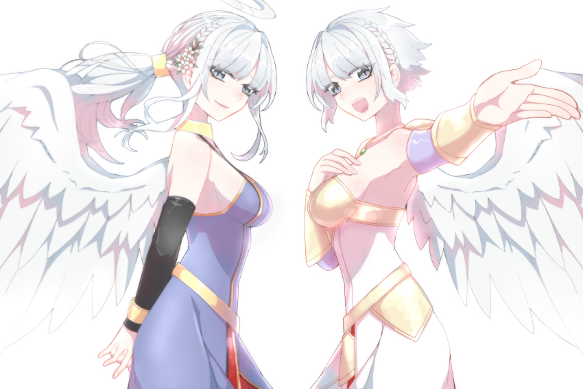 2girls, :d, angel, angel_wings, arms_behind_back, black_sleeves, blue_dress, bracelet, braid, breasts, commentary_request, crown_braid, detached_sleeves, dragon_quest, dragon_quest_x, dress, euriza_(dq10), floating_hair, flower, from_side, gold_bracelet, grey_eyes, hair_flower, hair_ornament, halo, hand_on_own_chest, highres, jewelry, kmnr_ne, large_breasts, lectalys, long_hair, looking_at_viewer, looking_to_the_side, multiple_girls, necklace, open_mouth, ponytail, reaching, reaching_towards_viewer, short_hair, smile, strapless, strapless_dress, white_background, white_dress, white_hair, white_halo, white_wings, wings