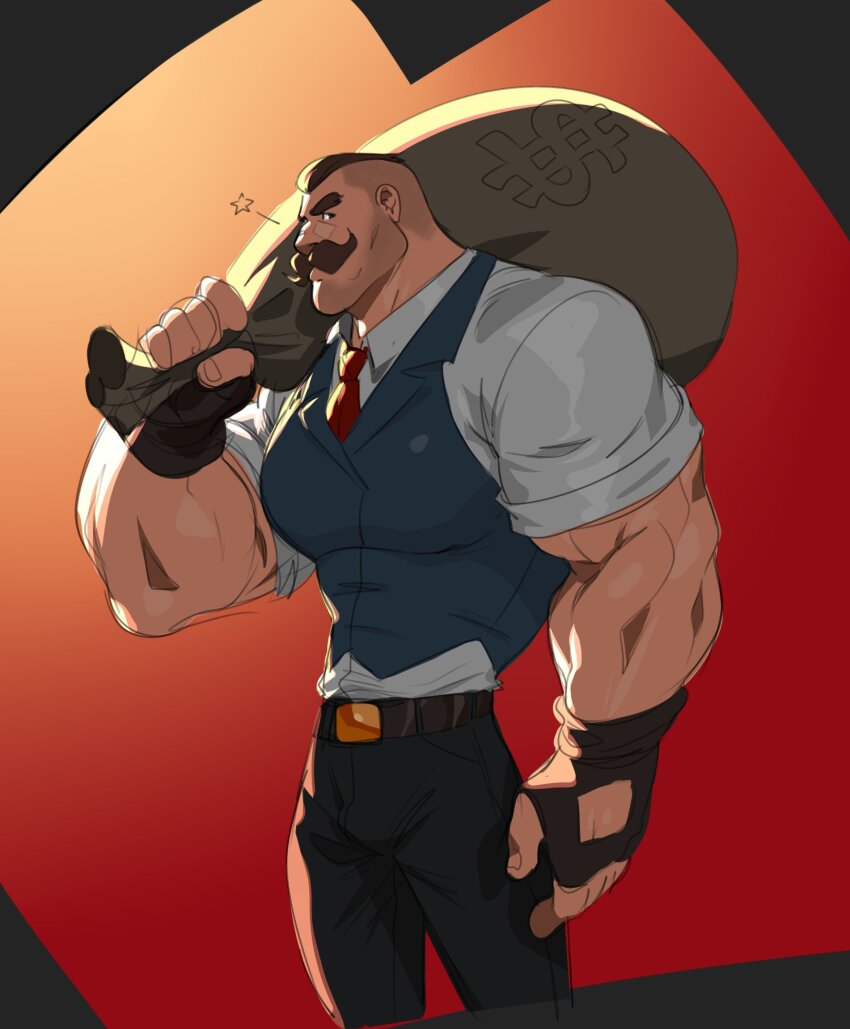 1boy, bag, bara, belt, black_border, blue_vest, border, braum_(league_of_legends), broad_shoulders, brown_hair, cheschirebacon, crime_city_braum, facial_hair, fingerless_gloves, gloves, gradient_background, highres, holding, holding_bag, league_of_legends, money_bag, mustache, necktie, pants, red_background, red_necktie, shirt, short_hair, thick_mustache, undercut, very_short_hair, vest, white_shirt