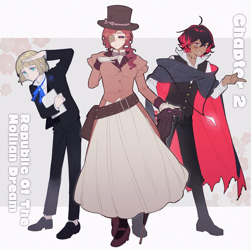 1girl, 2boys, absurdres, ahoge, bandaid, bandaid_on_cheek, bandaid_on_face, belt, belt_pouch, black_hair, black_jacket, black_pants, black_robe, black_sclera, black_vest, blue_ribbon, blunt_bangs, blunt_ends, blush, bow, bright_pupils, brown_belt, brown_footwear, brown_hat, campanella_demillion, closed_mouth, coat, collared_shirt, colored_sclera, computer, curly_hair, dark-skinned_male, dark_skin, eyepatch, facial_scar, frilled_sleeves, frills, frown, full_body, gem, giovanni_stylus, gloves, glowing, green_eyes, grin, hair_between_eyes, hair_over_shoulder, hand_on_own_chest, hand_on_own_hip, hat, hat_bow, high_heels, highres, holding, holding_laptop, jacket, jewelry, laptop, long_hair, long_sleeves, looking_at_viewer, mole, mole_under_eye, mole_under_mouth, mollie_reiss, multicolored_hair, multiple_boys, multiple_moles, neck_ribbon, orange_coat, pants, pendant, planted, planted_umbrella, pouch, purple_eyes, red_gem, red_hair, red_robe, ribbon, robe, rostina-pason, scar, scar_on_cheek, scar_on_face, scar_on_neck, school_uniform, shirt, shoes, short_hair, shounenki_no_owari, skirt, smile, standing, streaked_hair, top_hat, torn_clothes, torn_robe, two-sided_fabric, two-sided_robe, two-tone_hair, umbrella, vest, white_gloves, white_pupils, white_shirt, white_skirt, wing_collar