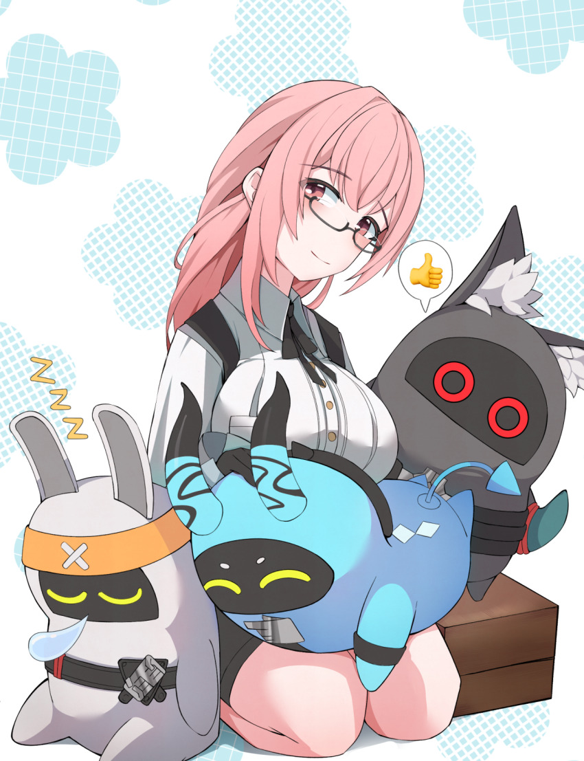 1girl, akaruii_31, asaba_harumasa, asaboo_(zenless_zone_zero), bangboo_(zenless_zone_zero), blush, breasts, closed_mouth