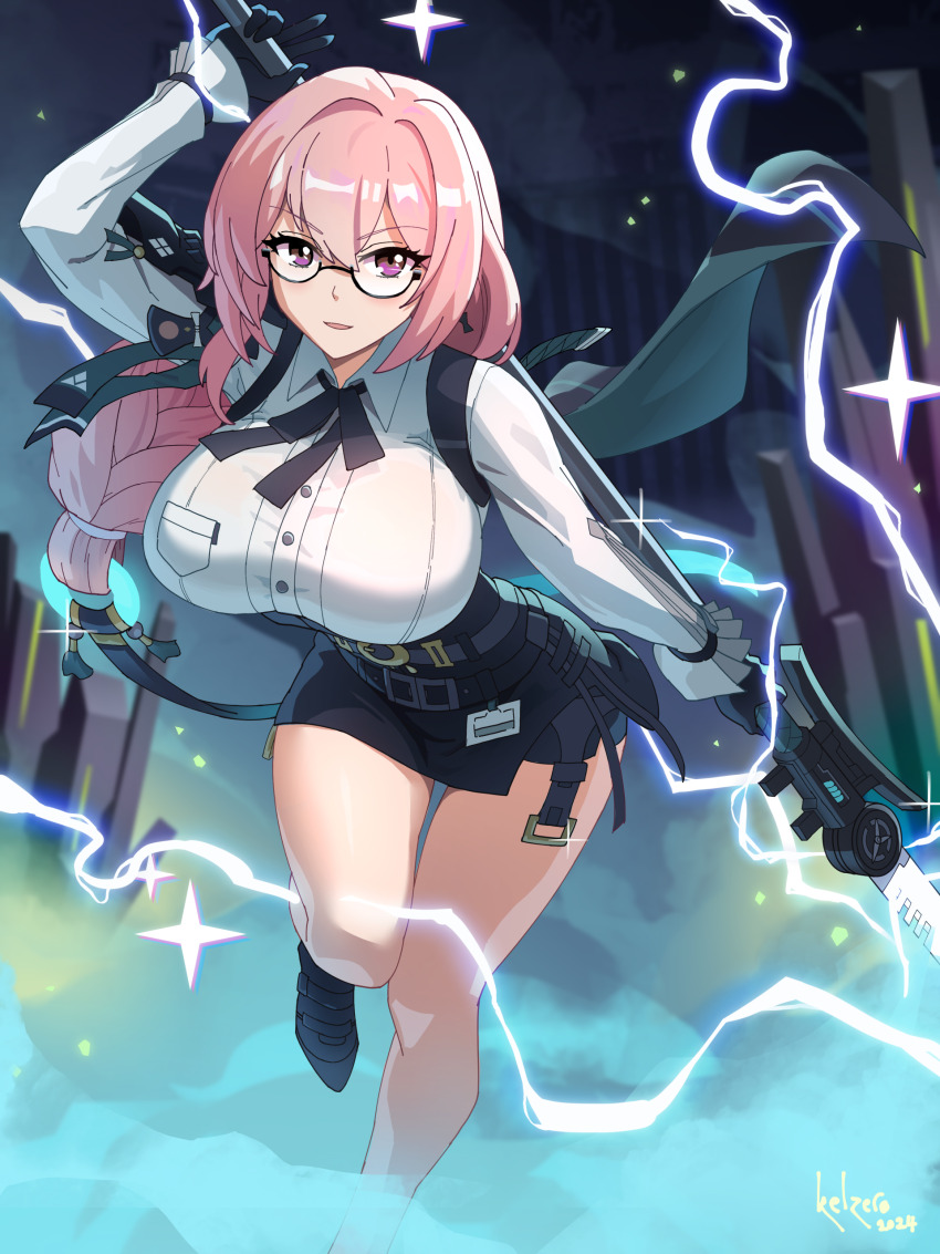 1girl, absurdres, artist_name, black_footwear, black_skirt, breasts, dress_shirt, dust, earrings, glasses, gloves, hair_between_eyes, high-waist_skirt, highres, holding, holding_polearm, holding_weapon, jewelry, kelzero, large_breasts, lightning, long_hair, looking_at_viewer, naginata, outdoors, pencil_skirt, pink_eyes, pink_hair, polearm, ring_hair_ornament, shirt, sidelocks, skirt, smile, solo, tsukishiro_yanagi, weapon, white_shirt, zenless_zone_zero