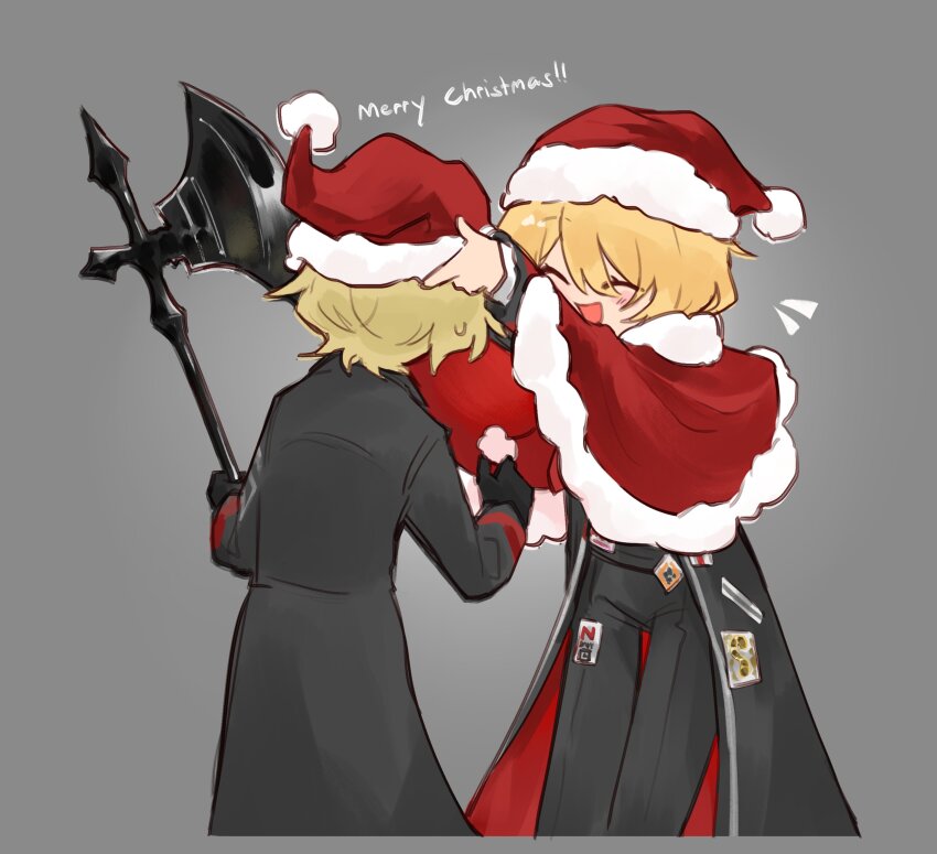 1boy, 1girl, absurdres, black_gloves, capelet, christmas, closed_mouth, cowboy_shot