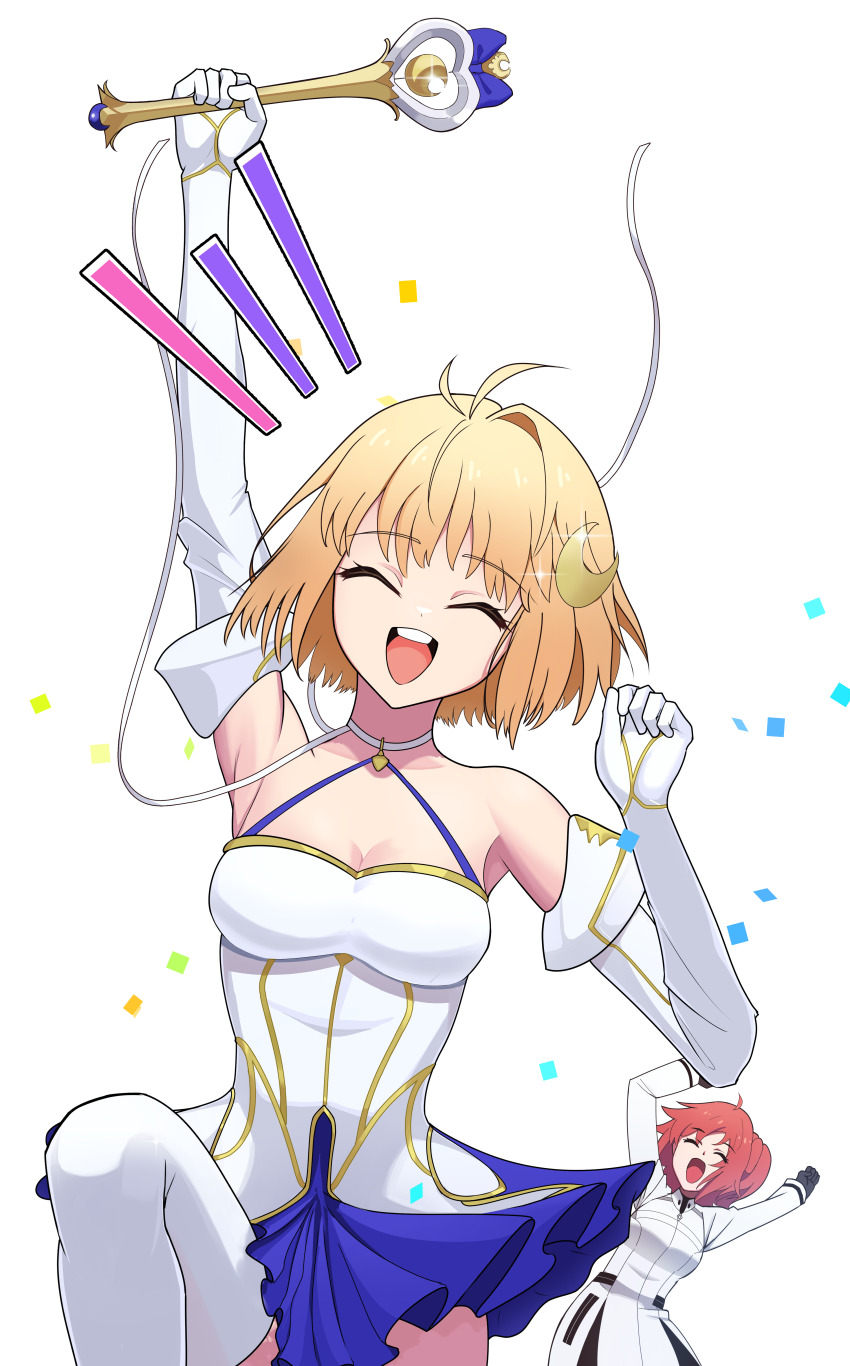 2girls, absurdres, ahoge, arcueid_brunestud, bare_shoulders, black_gloves, blonde_hair, blue_skirt