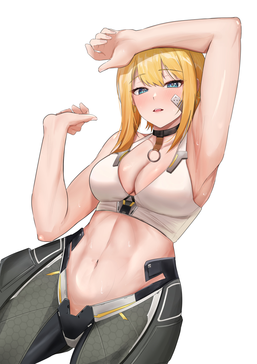 1girl, absurdres, arm_up, armored_legwear, armpits, bandaid, bandaid_on_cheek, bandaid_on_face, bare_shoulders, black_choker, black_pants, blonde_hair, blue_eyes, blush, breasts, choker, cleavage, collarbone, commentary_request, textless_cover_page, cowboy_shot, cutoli_ukuwa, ear_piercing, goddess_of_victory:_nikke, hair_between_eyes, highres, looking_at_viewer, maxwell_(nikke), medium_breasts, midriff, multiple_piercings, navel, pants, parted_lips, piercing, short_hair, short_hair_with_long_locks, sidelocks, simple_background, solo, sports_bra, sweat, white_background, white_sports_bra