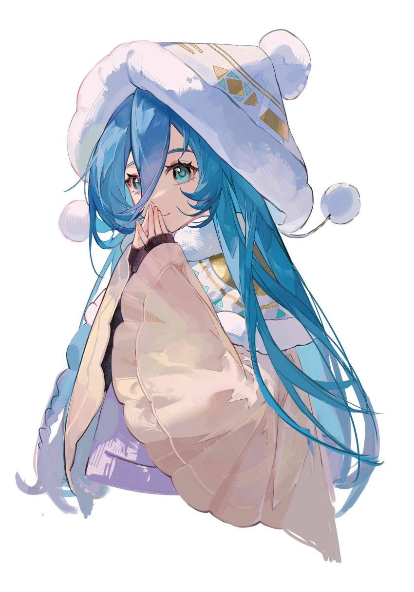 1girl, 37_(maidjump_goods_cafe)_(reverse:1999), 37_(reverse:1999), absurdres, beanie, blue_eyes, blue_hair, cape, cloak, cropped_torso, fur-trimmed_cloak, fur-trimmed_headwear, fur_trim, hair_between_eyes, hand_to_own_mouth, hands_up, hat, highres, long_hair, looking_ahead, meiyou_lizhi, official_alternate_costume, own_hands_clasped, own_hands_together, pom_pom_(clothes), pom_pom_beanie, reverse:1999, solo, sweater, upper_body, very_long_hair, white_background, white_sweater, yellow_cape, yellow_cloak, yellow_hat