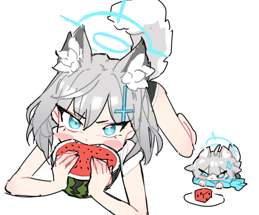 1girl, absurdres, animal_ear_fluff, animal_ears, bent_over, black_shorts, blue_archive, blue_eyes