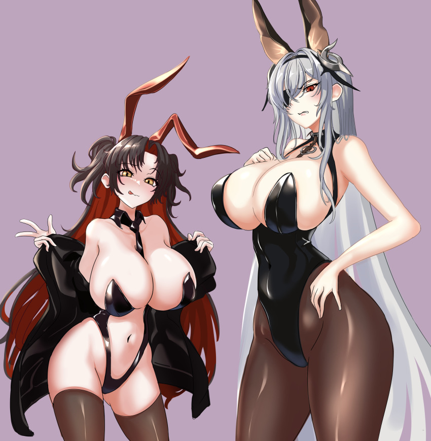 2girls, absurdres, animal_ears, azur_lane, bare_shoulders, black_hair, black_jacket, black_leotard, black_necktie, black_pantyhose, black_thighhighs, breasts, cleavage, colored_inner_hair, eyepatch, fake_animal_ears, fritz_rumey_(azur_lane), fritz_rumey_(schwarzes_kaninchen)_(azur_lane), gluteal_fold, highres, huge_breasts, jacket, leotard, licking_lips, long_hair, looking_at_viewer, multicolored_hair, multiple_girls, navel, necktie, official_alternate_costume, pantyhose, playboy_bunny, purple_background, rabbit_ears, red_eyes, red_hair, rolingblade, simple_background, stomach, thighhighs, tongue, tongue_out, very_long_hair, w, white_hair, yellow_eyes, z52_(azur_lane), z52_(the_rapid_rabbit)_(azur_lane)