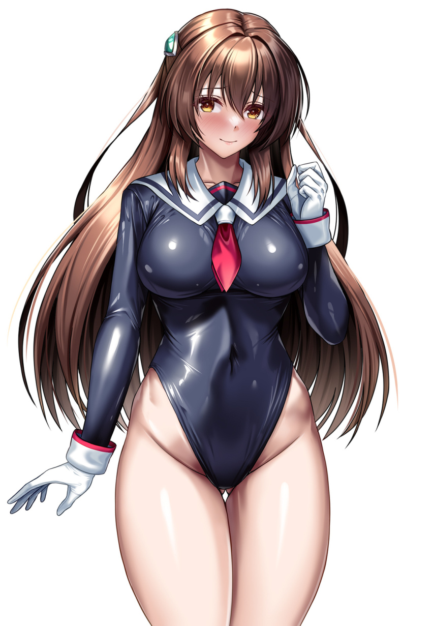 1girl, black_leotard, breasts, brown_eyes, brown_hair, gloves, gluteal_fold, highleg