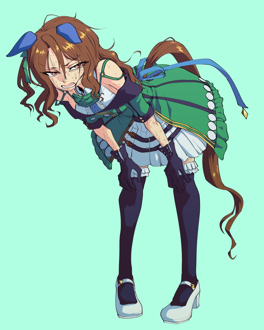 absurdres, ahiru_7, animal_ears, black_thighhighs, brown_hair, dress, green_dress, heavy_breathing