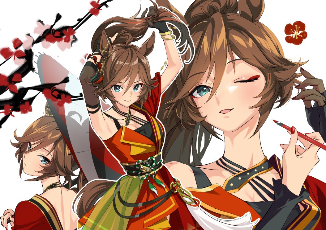 1girl, ahoge, animal_ears, applying_makeup, arms_up, black_gloves, breasts, broom