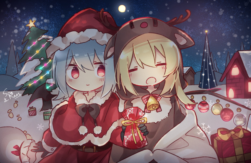 2girls, blonde_hair, blush, box, christmas, christmas_ornaments, christmas_tree, closed_eyes