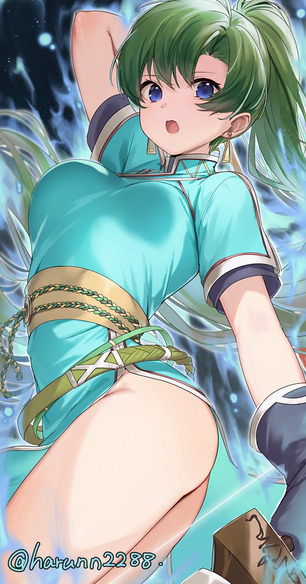 1girl, ass, aura, belt, blue_aura, blue_eyes, breasts, dress