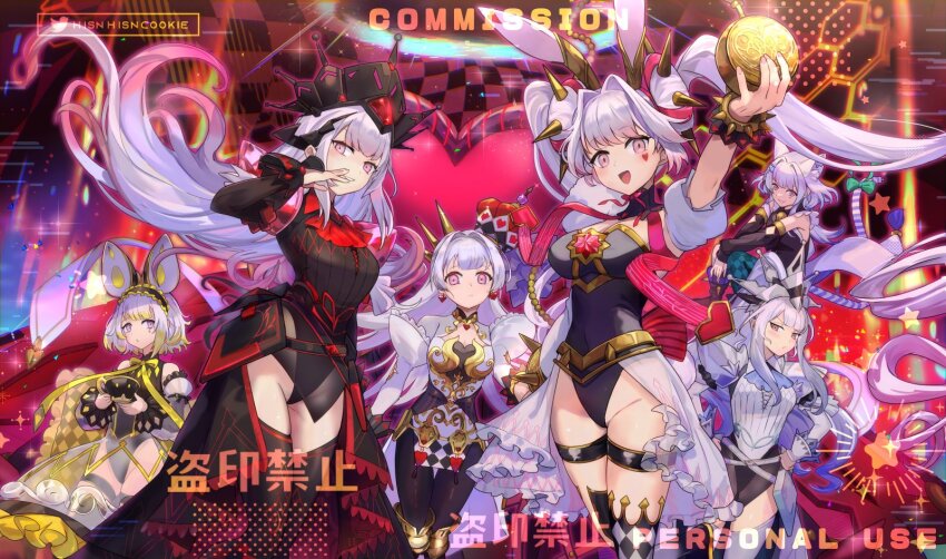 6+girls, :d, animal_ears, armor, black_leotard, blunt_bangs, breasts, cat_ears