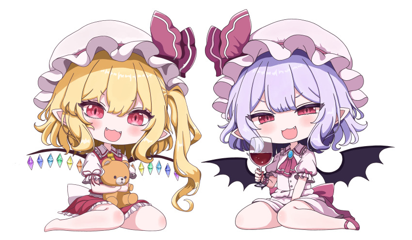 2girls, :d, absurdres, alcohol, ascot, bat_wings, blonde_hair, blush, chibi, crystal, crystal_wings, cup, dress, drinking_glass, fang, flandre_scarlet, hair_between_eyes, hat, hat_ribbon, highres, liefeng_dm, looking_at_viewer, mob_cap, multiple_girls, one_side_up, open_mouth, puffy_short_sleeves, puffy_sleeves, red_eyes, remilia_scarlet, ribbon, short_hair, short_sleeves, siblings, side_ponytail, simple_background, sisters, sitting, smile, stuffed_animal, stuffed_toy, teddy_bear, touhou, white_background, wine, wine_glass, wings