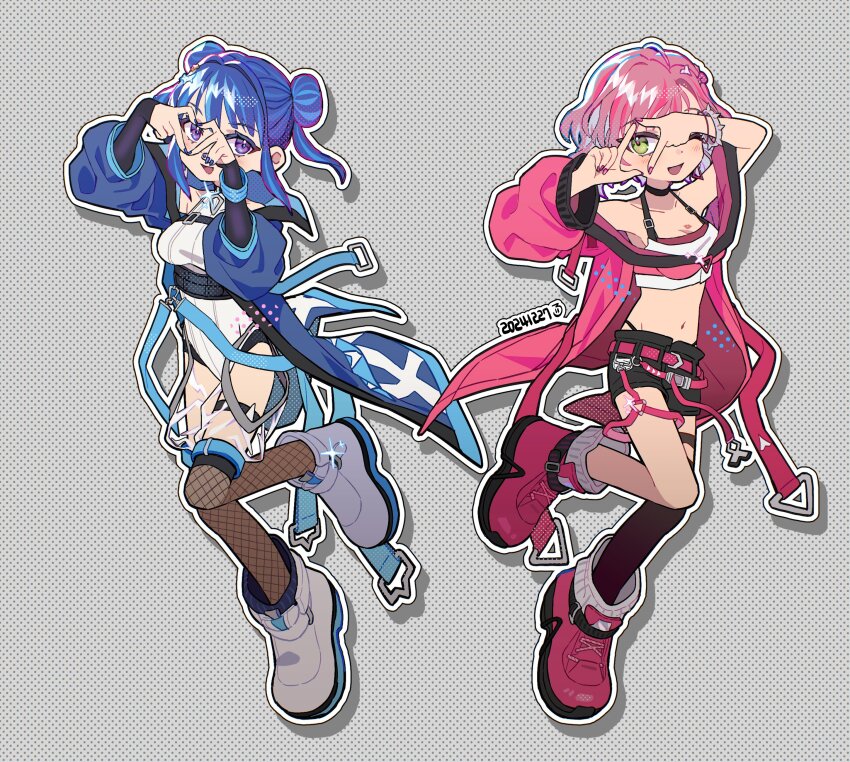 2girls, absurdres, black_thighhighs, blue_coat, blue_hair, breasts, coat, double_bun, duel_monster, evil_twin_ki-sikil, evil_twin_ki-sikil_(alternate_art), evil_twin_lil-la, evil_twin_lil-la_(alternate_art), finger_frame, fishnet_thighhighs, fishnets, full_body, green_eyes, grey_background, hair_bun, heart, heart_hands, highres, kaichou_(homehome_h), ki-sikil_(yu-gi-oh!), leotard, lil-la_(yu-gi-oh!), medium_breasts, multiple_girls, official_alternate_costume, one_eye_closed, polka_dot, polka_dot_background, purple_eyes, red_coat, red_hair, short_hair, simple_background, single_thighhigh, strapless, thighhighs, tube_top, white_leotard, white_tube_top, yu-gi-oh!