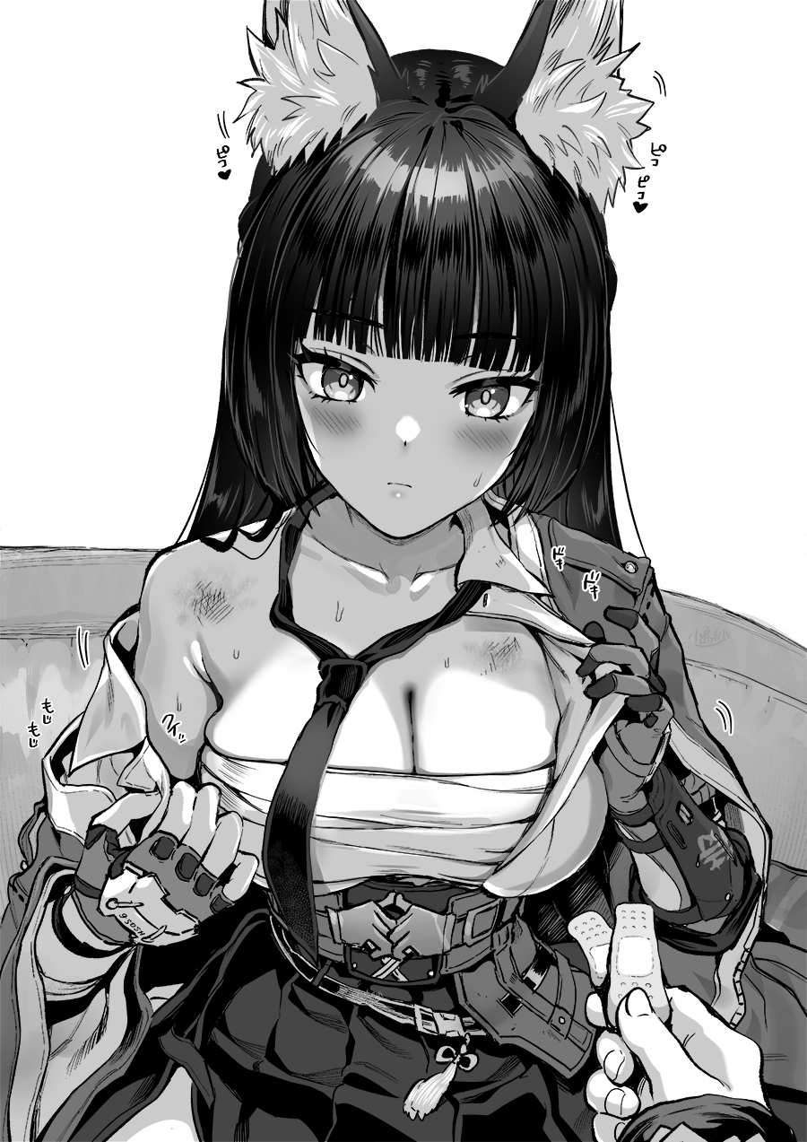 1girl, 1other, animal_ear_fluff, animal_ears, bandaid, blush, breasts, bruise