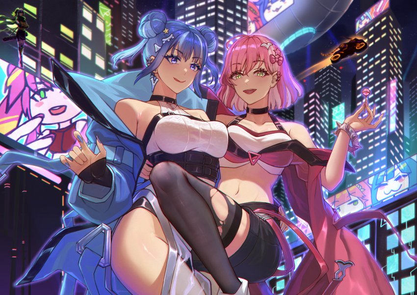 2girls, :3, absurdres, bare_shoulders, black_thighhighs, blue_eyes, blue_hair, blue_jacket