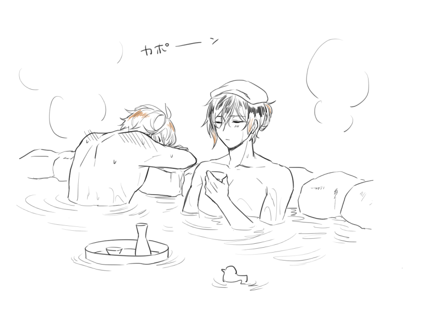 2boys, alcohol, alternate_hairstyle, blush, bottle, choko_(cup), cup, genshin_impact