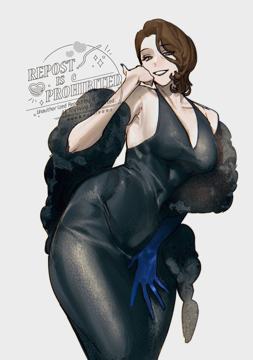 1girl, black_dress, blue_gloves, brown_eyes, brown_hair, cowboy_shot, dress, elbow_gloves, fur_shawl, gloves, hermann_(project_moon), highres, limbus_company, looking_at_viewer, nacaji, open_mouth, project_moon, shawl, short_hair, single_glove, smile, solo