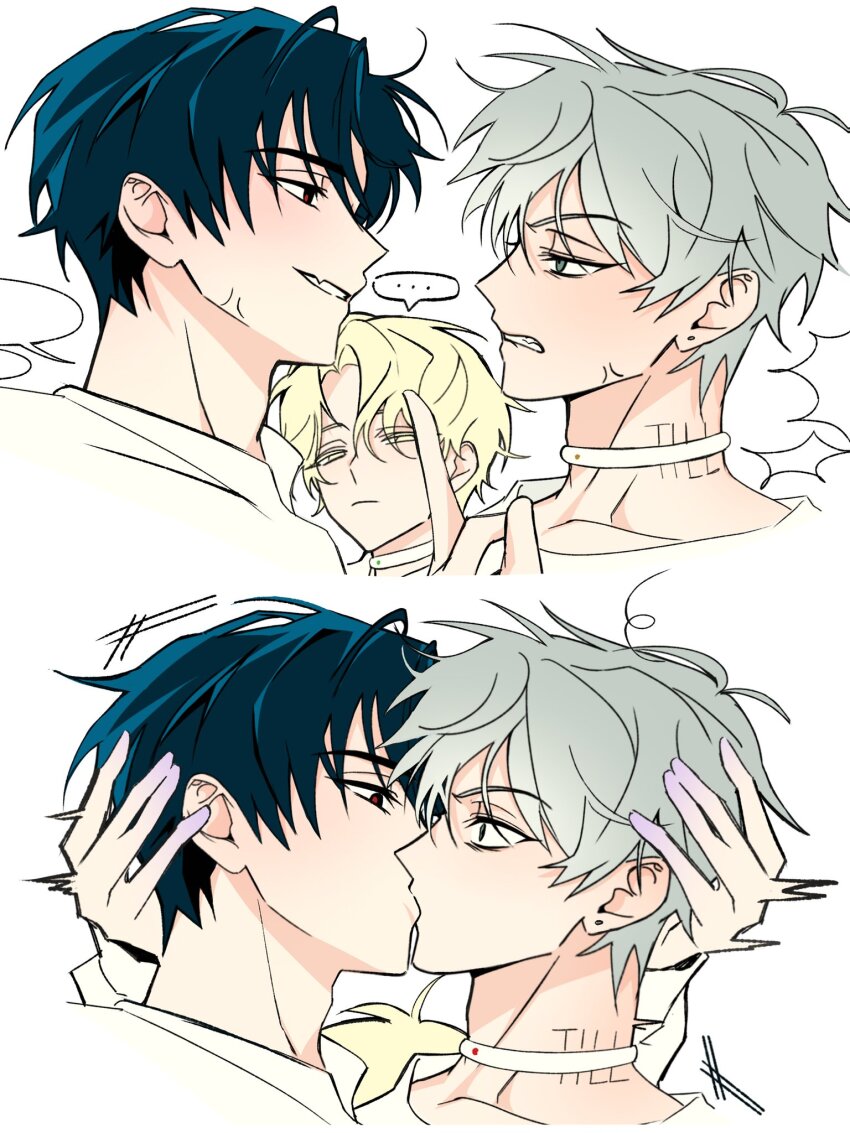 ..., 3boys, alien_stage, anger_vein, black_eyes, blank_speech_bubble, blonde_hair, choker