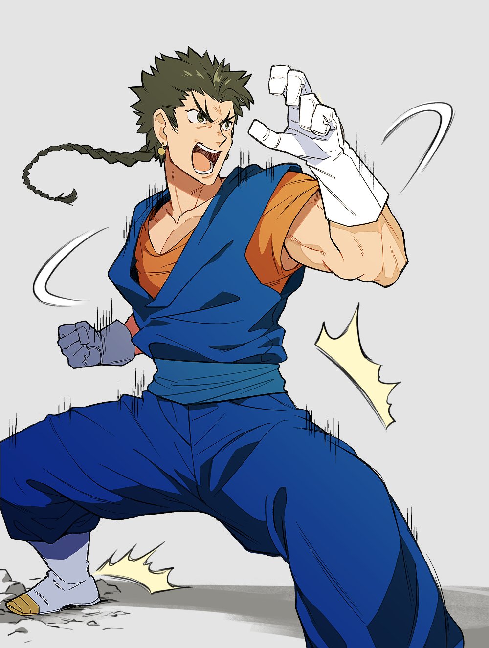 1boy, ^^^, blue_pants, braid, braided_ponytail, dougi, earrings, etrian_odyssey