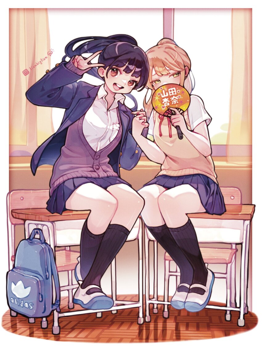 2girls, absurdres, artist_name, backpack, bag, boku_no_kokoro_no_yabai_yatsu, brown_eyes, character_request