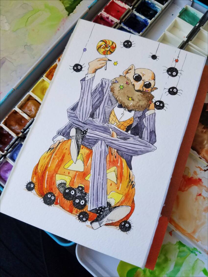 1boy, bald, beard, brown_hair, candy, commentary, english_commentary, facial_hair