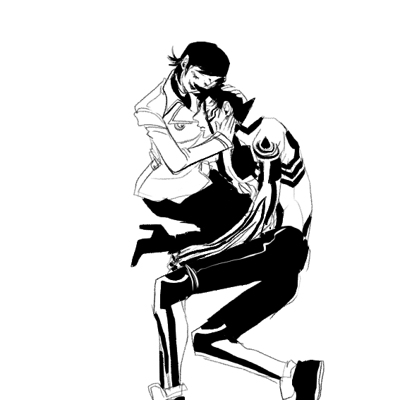 1boy, 1girl, body_markings, closed_eyes, coat, demi-fiend, full-body_tattoo, greyscale