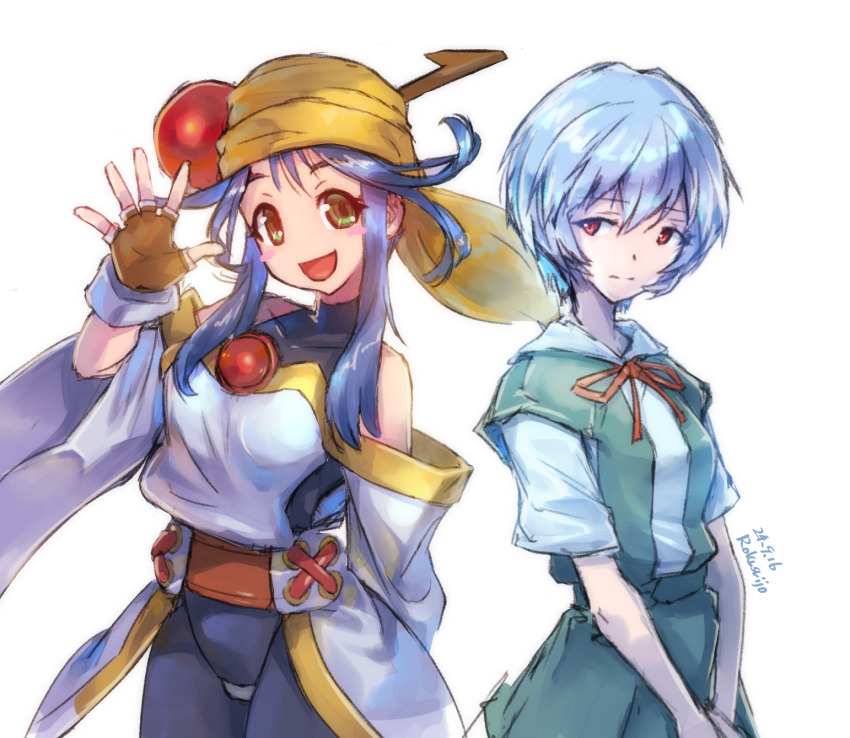 2girls, ayanami_rei, bandana, blue_hair, expressionless, fingerless_gloves, gloves, green_pupils