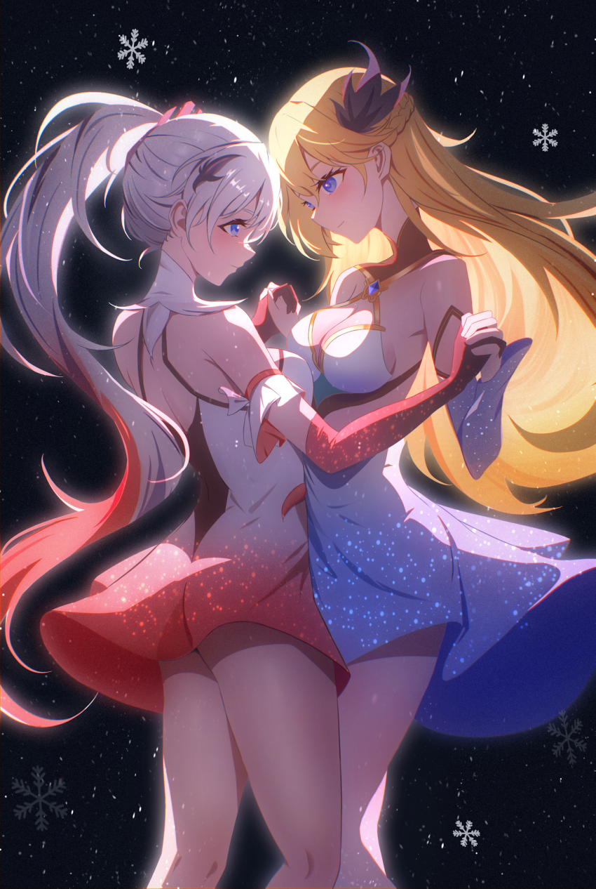 2girls, bare_shoulders, black_background, blonde_hair, blue_dress, blue_eyes, braid, breasts